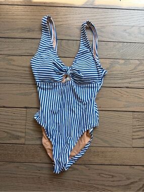 NWT J. Crew Blue and White Striped Women’s One-Piece Swimsuit with Peach Lining